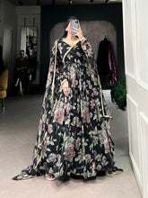 Black Color Floral Print With Lace Border Marbel Gown